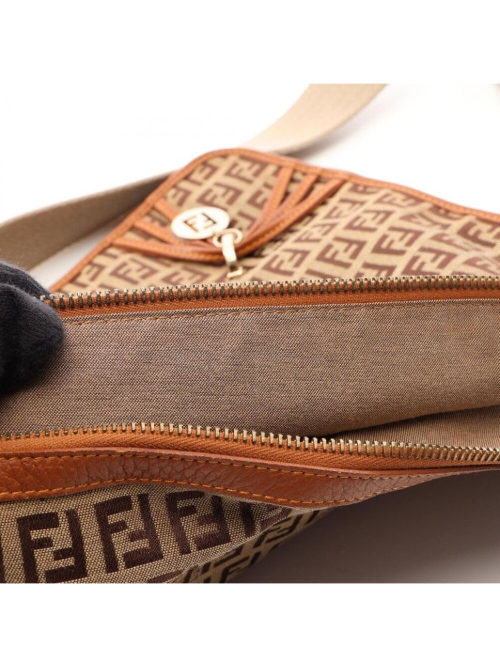 Fendi Shoulder Bag Zucchino Beige Brown Canvas Leather - Picture 12 of 12